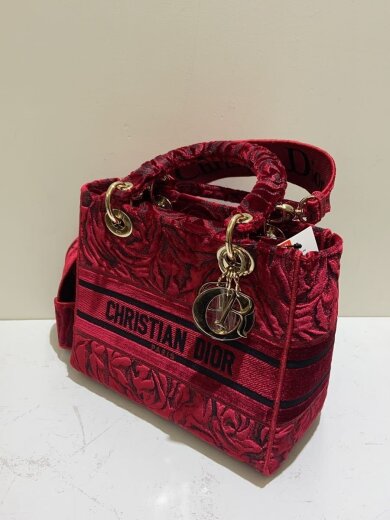 商品画像：レディディオール/ハンドバッグ/ベロア/レッド/総柄//内側チャックサビ・糸ホツレ有// 2