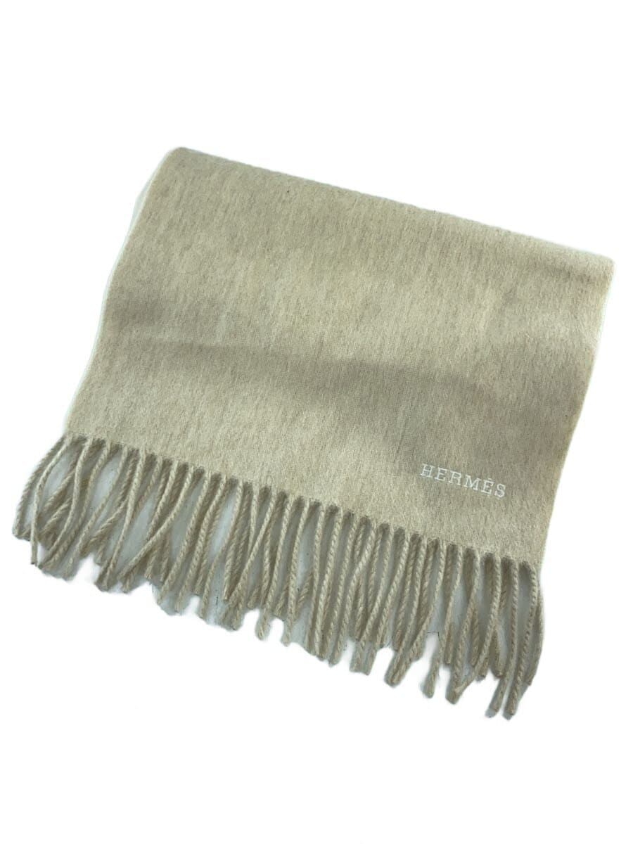 HERMES / マフラー/ロゴ刺繍/カシミア/BEG/レディース