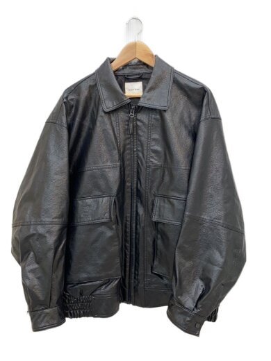 商品画像：フラップポケットフェイクレザーブルゾン/L/レザー/BLK/無地/1051248901859// 1