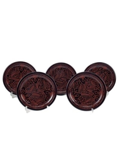 商品画像：皿/5点セット/木製漆器/会津ぬり/溜五寸渕太皿沈朱牡丹 1