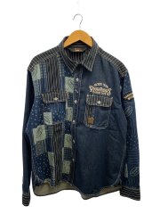 切替デニムシャツ/長袖シャツ/XL/コットン/BLU/無地