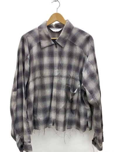 商品画像：OMBRECHECK SHORT ZIPUP SHIRT/長袖シャツ/2/リネン/BLK/ANCSH53 1