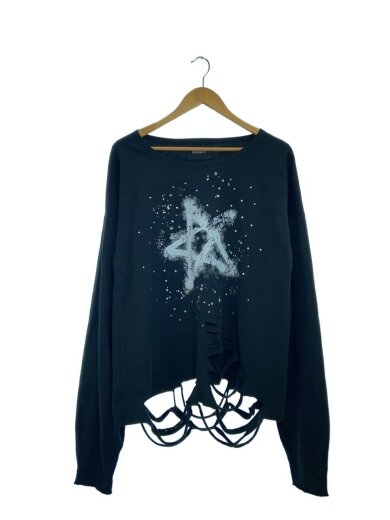 商品画像：ラインストーングラフィックダメージロンT/長袖Tシャツ/M/コットン/BLK 1