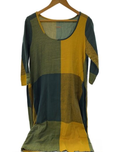 商品画像：ダブルガーゼブロックチェック長袖ワンピース/L/コットン/GRN/チェック 1