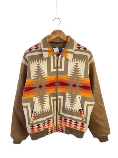 商品画像：ジップアップウールブルゾン/M/ブラウン/ネイティブ柄/総柄/袖レザー/70Z083 1