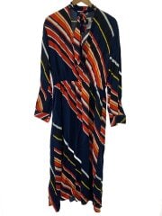 ボウタイストライプ/長袖ワンピース/44/レーヨン/NVY/総柄/2541MDA48A