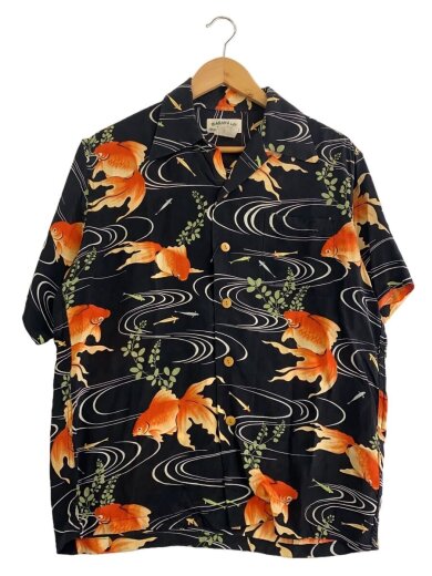 商品画像：アロハシャツ/M/シルク/BLK/総柄/金魚// 1