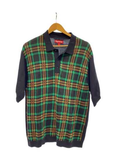 商品画像：plaid knit s/s polo/ポロシャツ/L/コットン/BLK 1