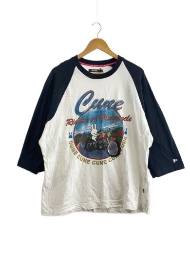画像：CUNEハレーバイク/ロゴプリント/7分袖カットソー/使用感有/3/コットン/WHT/プリント1