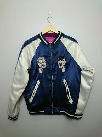 画像：PUNK DRUNKERSパンクドランカーズ×クッキー/スカジャン/M/ポリエステル/ネイビー/ピンク/リバーシブル/刺繍1