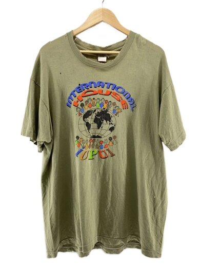 商品画像：90s/USA製/シングル/穴あき/襟ホツレ/Tシャツ/XL/コットン/KHK/プリント// 1