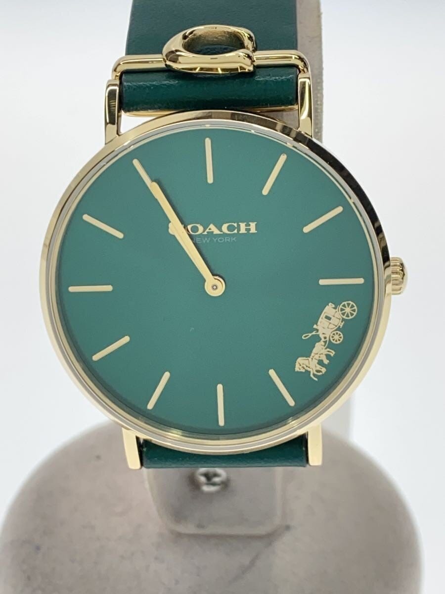 COACH / クォーツ腕時計/アナログ/レザー/GRN/120.7.34.