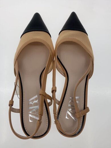 画像：ZARAバイカラー/ポインテットトゥパンプス/36/BEG/シアー×レザー/メッシュ素材/ゴム調整///3