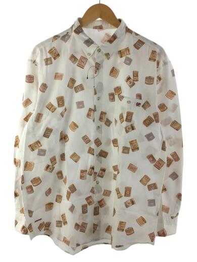 画像：Papasコーヒー缶/長袖シャツ/LL/コットン/WHT/総柄/D0464FBP2041