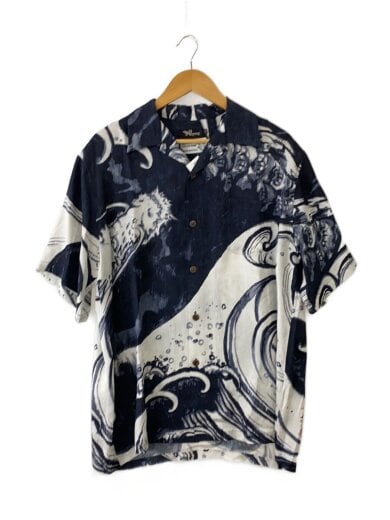 画像：Pagong和柄/ウッドボタン/アロハシャツ/LL/シルク/ネイビー/紺1