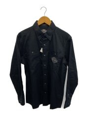 長袖シャツ/刺繍/バックプリント/刺繍ロゴ/胸ポケット/M/コットン/BLK