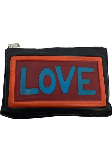 商品画像：loveボキャブラリー/クラッチバッグ/レザー/ブラック/総柄/ちぎれ、穴あき有り 1