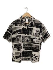 22ss/OSAMU NAGAHAMA/オープンカラーシャツ/S/コットン/BLK/総柄/薄く襟シミ