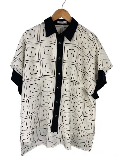 商品画像：モノトーンブロックブラウス/半袖シャツ/38/ポリエステル/WHT/総柄/531-1110401 1