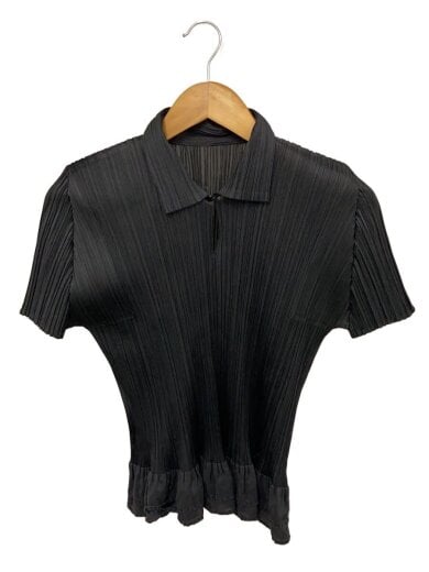 画像：PLEATS PLEASE ISSEY MIYAKE裾フリルスキッパープリーツ半袖シャツ/3/ポリエステル/BLK/jk542/ブラック1