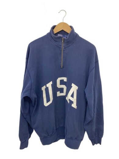 商品画像：90～00s/USA/ハーフジップ/シミ有/スウェット/L/コットン/NVY/プリント 1
