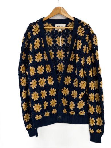 商品画像：クロシェニットカーディガン/ボタン取れ//カーディガン(厚手)/L/コットン/NVY/総柄 1