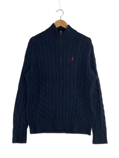 商品画像：ケーブルニットコットンクォータージップセーター/L/コットン/NVY/無地 1