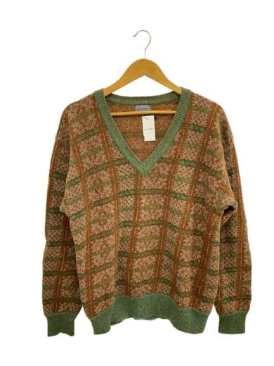 商品画像：80S/Vネックセーター/ウール/BRW/総柄/13-3807 1