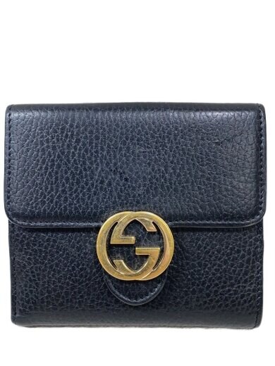 商品画像：2つ折り財布_インターロッキングG/レザー/BLK/無地/レディース// 1