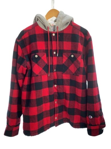 商品画像：ロングスリーブフーデッドシャツ/ネルシャツ/M/コットン/RED/チェック/C3-S609 1