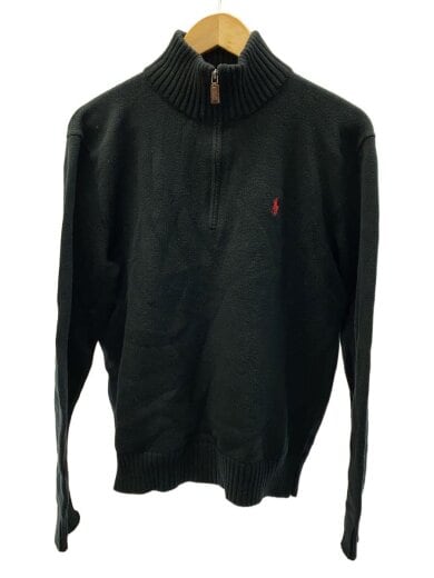 商品画像：ハーフジップ/ジップ引手レザー/ニット・セーター(薄手)/M/コットン/BLK/無地 1