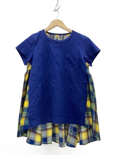 商品画像：チェック切替プルオーバートップス/半袖ブラウス/4/コットン/NVY/チェック/18-03870 1