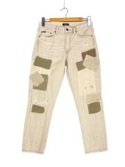 ストレートパンツ/26/コットン/ベージュ/パッチワーク