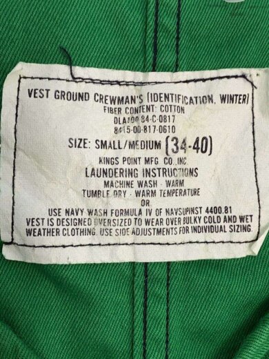 商品画像：Ground Crewmans Vest/80s/ベスト/34/コットン/GRN/8415-00-817-0610 3