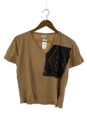 幾何学柄刺繍VネックTシャツ/XS/コットン/BEG