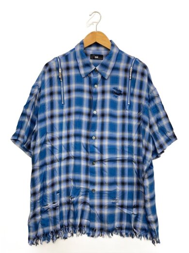 商品画像：ダメージZIPチェックシャツ/タグ付/半袖シャツ/FREE/レーヨン/ブルー/チェック/HA020390T// 1