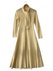 ボウタイニットドレス/長袖ワンピース/M/ウール/BEG/6S501/毛玉有り
