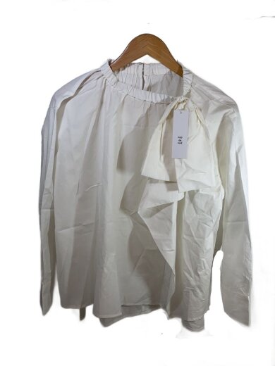 商品画像：アシンメトリーリボンブラウス/長袖ブラウス/M/コットン/WHT/無地/261-504-6434// 1