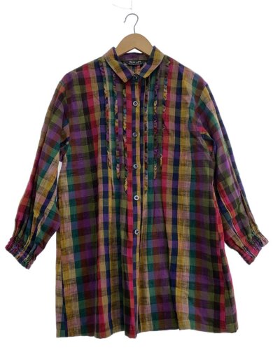 商品画像：久留米絣/かすり/前開きフリルブラウス/長袖シャツ/コットン/チェック/日本製 1