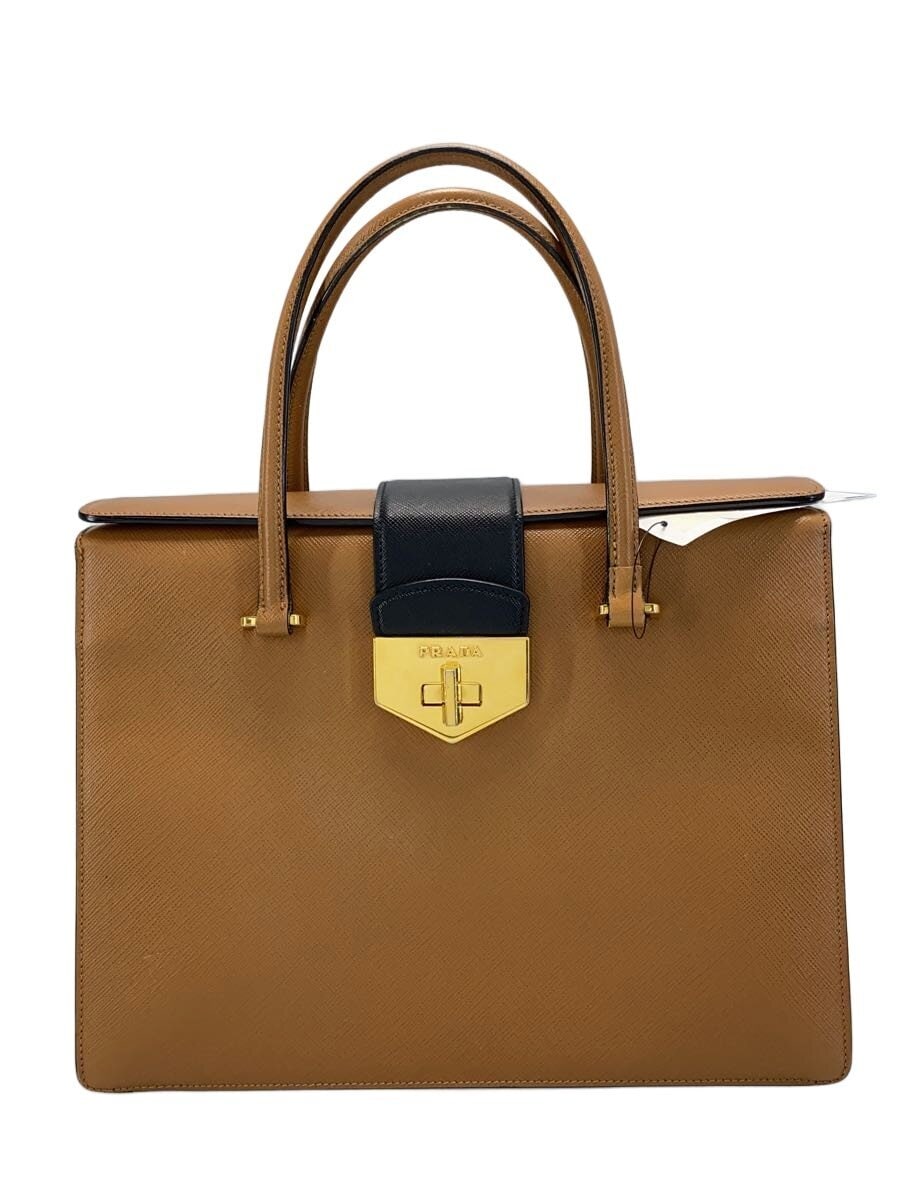 PRADA / サフィアーノ/ターンロック/バイカラーハンドバッグ/レザー/ブラウン×ホワイト