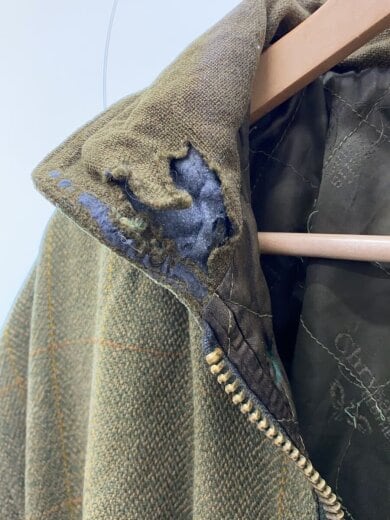 商品画像：CHRYSALIS/90s/フィールドコート/L/ウール/オリーブ/チェック/英国製/破れ複数有 7