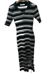 Stripe Rib Polo Dress/半袖ワンピ/M/コットン/GRN/ボーダー/1251205078