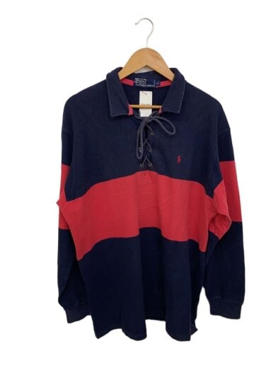 商品画像：90s/レースアップ/ナイガイ/長袖ポロシャツ/LL/コットン/ネイビー/ボーダー 1