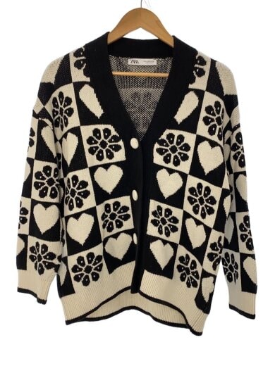 商品画像：ニットカーディガン/5802/106/070/チェック/ハート/ブラック/ホワイト/S 1