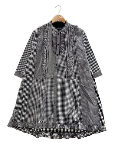 商品画像：タテフリルギンガムチェックチュニック/シャツワンピース/M/コットン/BLK/13-01-0028-702// 1