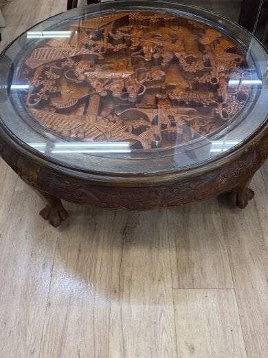 商品画像：木製彫刻 円形座卓/ウッド/BRW 4