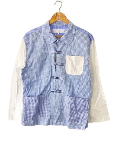 商品画像：22SS/マルチチェック切替丸襟チャイナシャツ/長袖シャツ/M/コットン/BLU/TI-J014 1