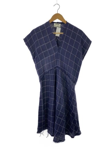 商品画像：I/ノースリーブワンピース/34/リネン/NVY/チェック/カットオフ/シミ有 1