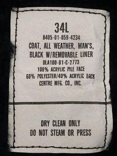 商品画像：コート/--/コットン/BLK/8405-01-059-4234/オールウェザーコート/ライナー付き 3