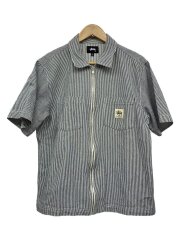 ヒッコリーストライプ/半袖ワークシャツ/M/コットン/WHT